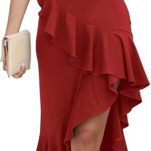 Women's Sleeveless Midi Dress One Shoulder Ruffle Cocktail Party Dress